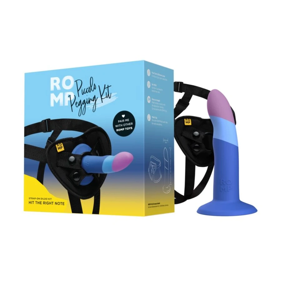 ROMP - PICCOLO HARNESS + SILICONE DILDO WITH TRICOLOR SUCTION CUP 14 CM